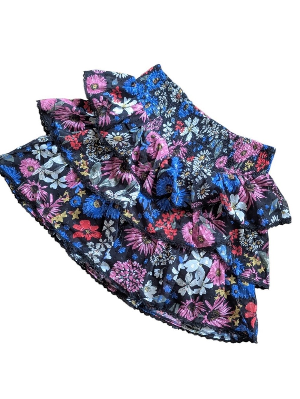 NWT Spring + Mercer Black Floral Smocked Mini Skirt M Lace Trim Boho